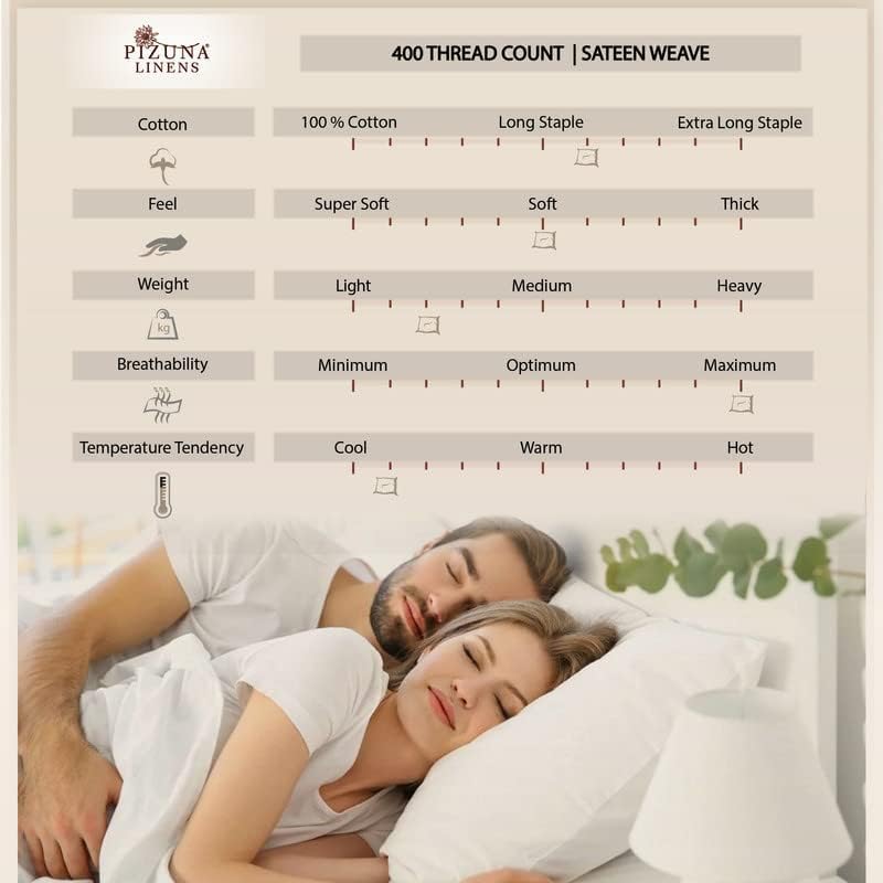 Pizuna Pure 100% Cotton Sheets California King Size, Luxurious 400 Thread Count Long Staple Cotton Sateen Sheets California King with 15inch Deep Pocket (Combed Cotton Sheets California King)