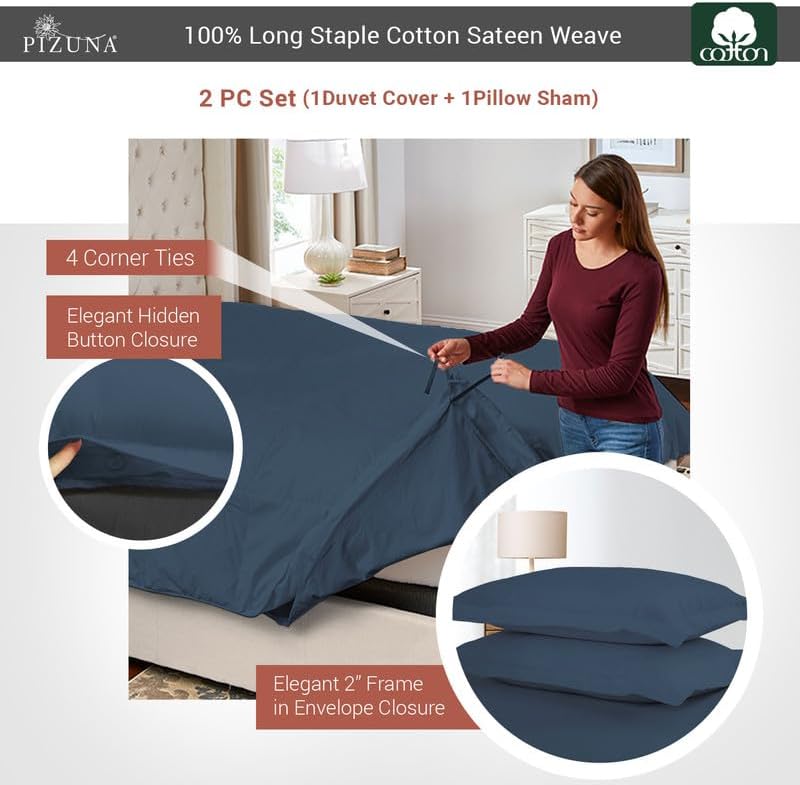 Pizuna Cotton Twin Duvet Cover Set Dark Blue, 400 Thread Count 100% Long Staple Combed Cotton Sateen Weave Duvet Cover with Button Closure (Dark Blue Twin/Twin XL Bedding Set - 2PC)
