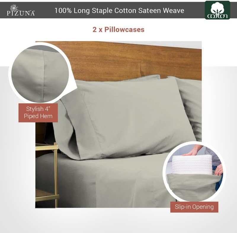 Pizuna Cotton King Size Pillow Case Silver, 400 Thread Count 100% Long Staple Combed Cotton Sateen Pillowcase, Cooling Pillow Covers with Stylish 4 Inch Hem (Silver King Pillowcase Set of 2)