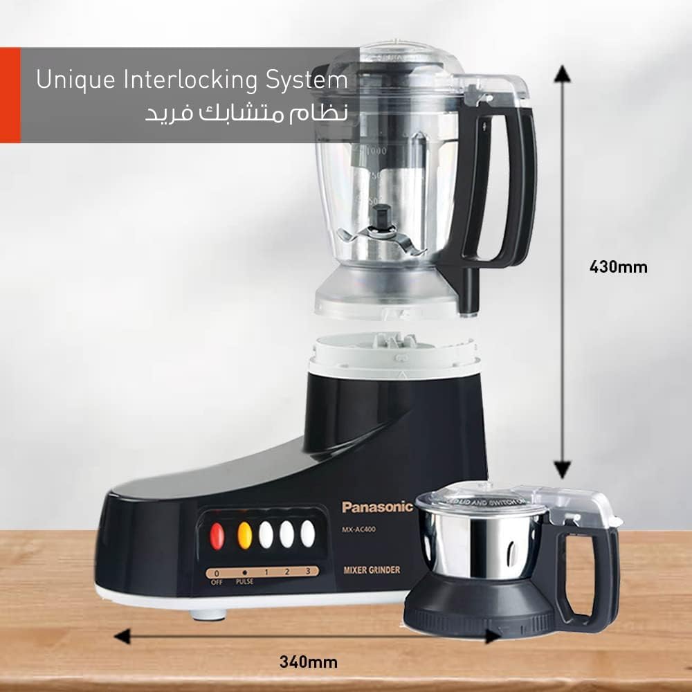 Panasonic Super Mixer Grinder, 1000W, Mx-Ac400, Black, 3 Stainless Steel Jars, 1 Juicer Jar