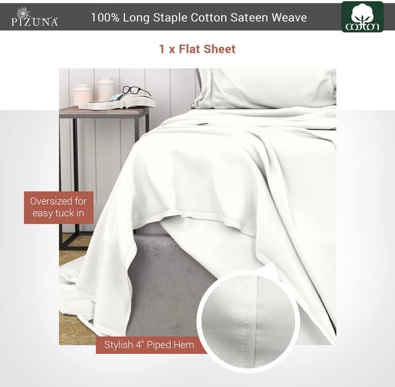 Pizuna 400 Thread Count 100% Long Staple Cotton Sateen Weave Bed Linen (Sheet Sets, Duvet Cover Sets, Pillow Cases) Flat Sheet - Full (1PC)