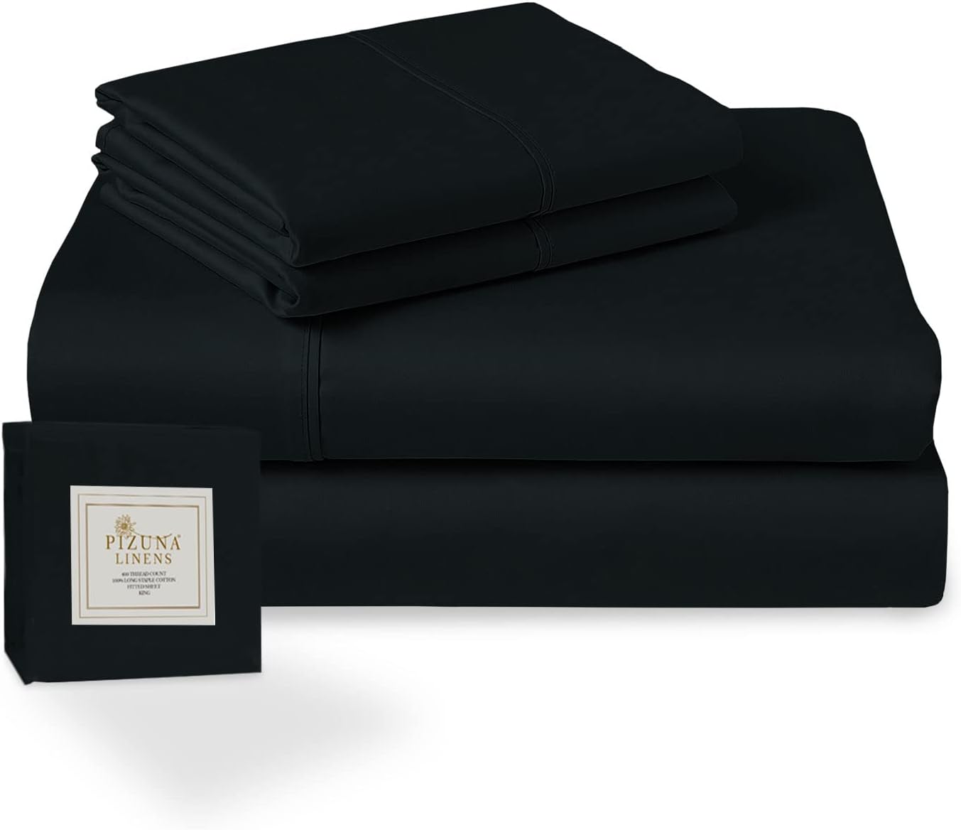 Pizuna Pure 100% Cotton Twin Bed Sheet Set Dark Blue, 400 Thread Count Cozy Luxury Long Staple Cotton Sateen Weave Bedsheet Set (1 Flat Sheet, 1 Fitted Sheet, 1 Pillowcase)