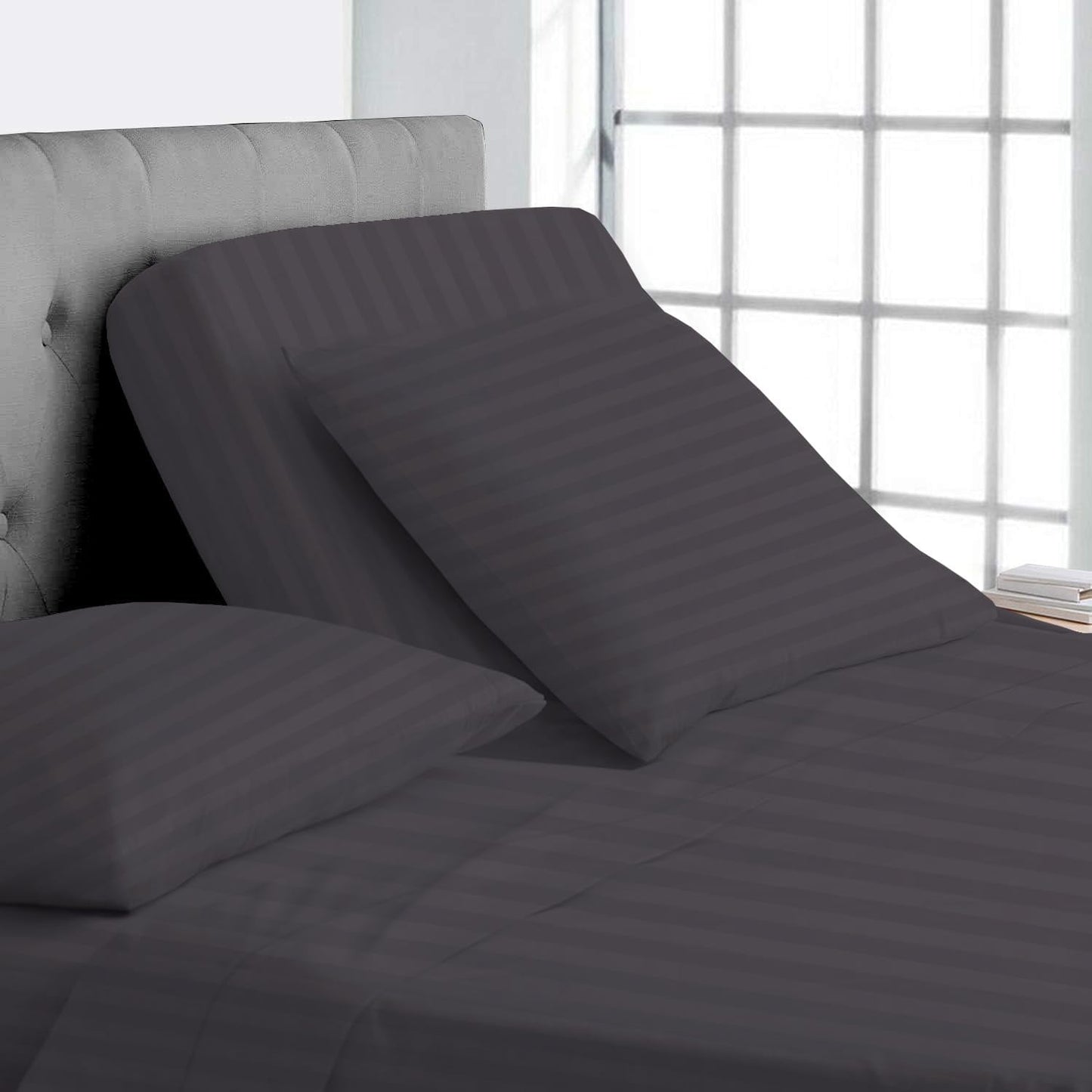Split Top California King Sheets Split Head California King Sheets Sets for Adjustable Beds- 100% Egyptian Cotton 800TC Split Head Flex Top 18" Deep Pocket - 32" Top Split Cal-King, Dark Grey Stripe