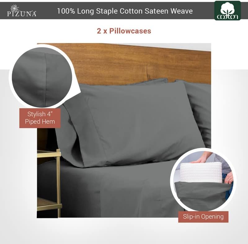 Pizuna Cotton King Size Pillow Case Dark Grey, 400 Thread Count 100% Long Staple Combed Cotton Sateen Pillowcase, Cooling Pillow Covers with Stylish 4 Inch Hem (Dark Grey King Pillowcase Set of 2)