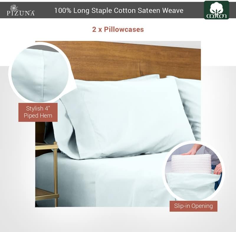 Pizuna 400 Thread Count Cotton King Pillowcases, Light Blue, 100% Long Staple Cotton Sateen Weave, Set of 2 Pillow Covers
