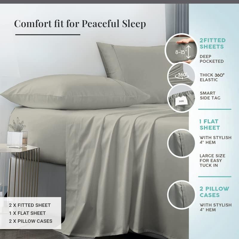 Pizuna Pure 100% Cotton Sheets Split King Size, 600 Thread Count Long Staple Cotton Crisp Sateen Sheets Split King with 15" Deep Pocket (Combed Black Cotton Sheets Split King)