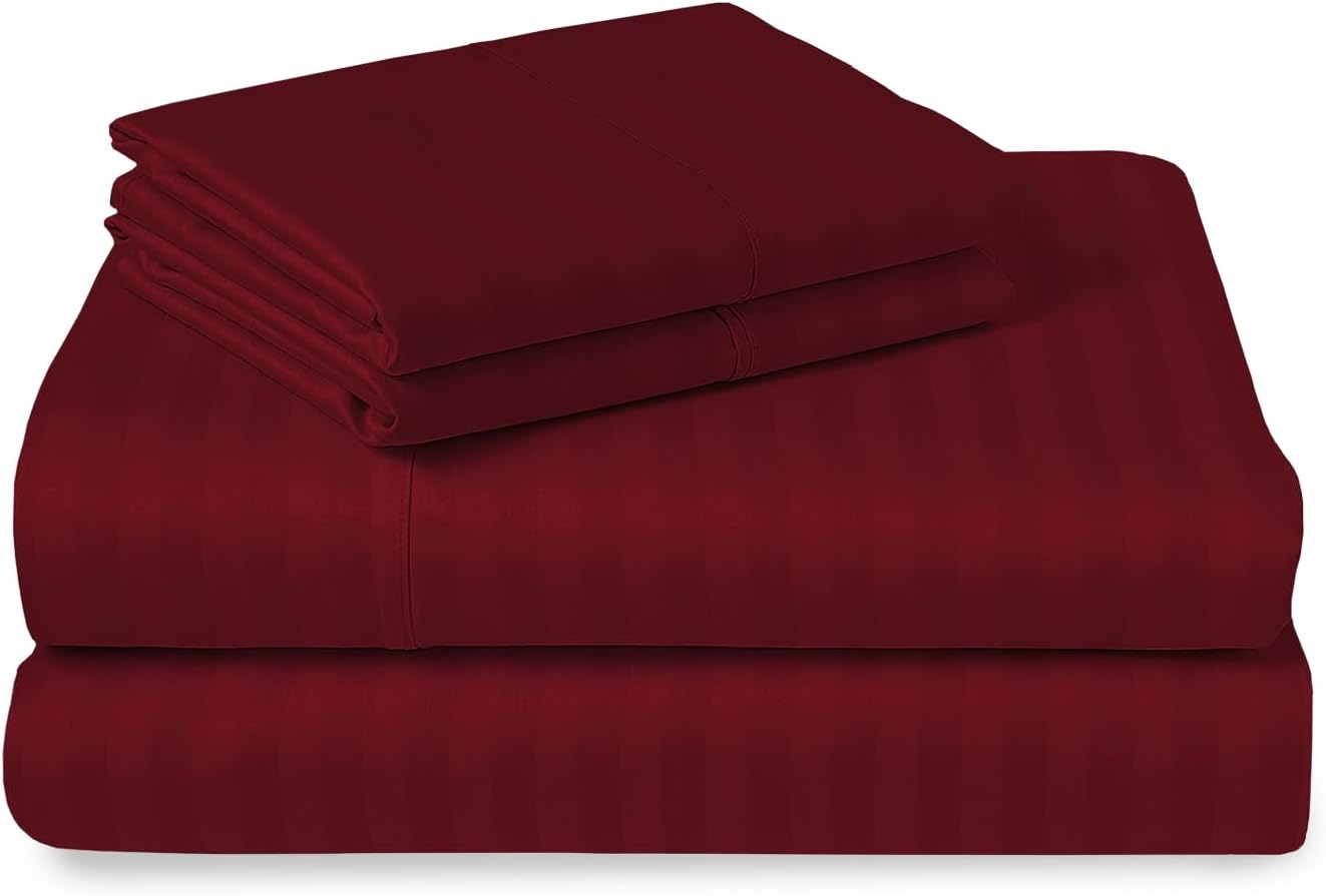 Pizuna Cotton Sheets Full Size, 300 Thread Count Long Staple Cotton Soft Sateen Sheets Full with 15inch Deep Pocket (Combed Checks Luxury Red Cotton Sheets Full)