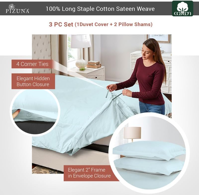Pizuna Cotton Blue Duvet Cover Queen, 400 Thread Count Long Staple Combed Cotton Sateen Weave Duvet Cover with Button Closure (Baby Blue Full/Queen Duvet Cover Set - 3PC)