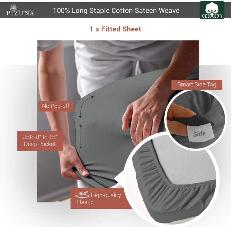 Pizuna Cotton King Fitted Sheet Dark Grey, 400 Thread Count 100% Long Staple Combed Cotton Sateen 15 Inch Deep Pocket King Fitted Sheet (Dark Grey Cooling Fitted Sheet King Size - 1PC)