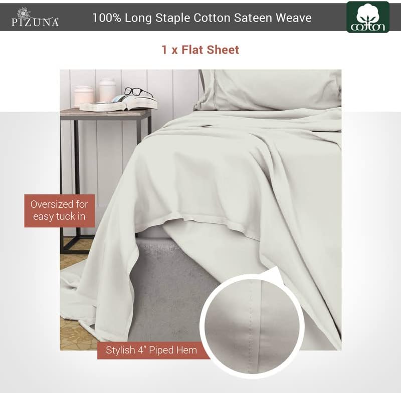 Pizuna Soft 400 Thread Count Cotton Full Flat Sheets New Grey 1pc, 100% Long Staple Flat Cotton Sheets, Soft Sateen Bed Flat Sheets with Stylish 4 Inch Hem (New Grey Full Flat Sheet)