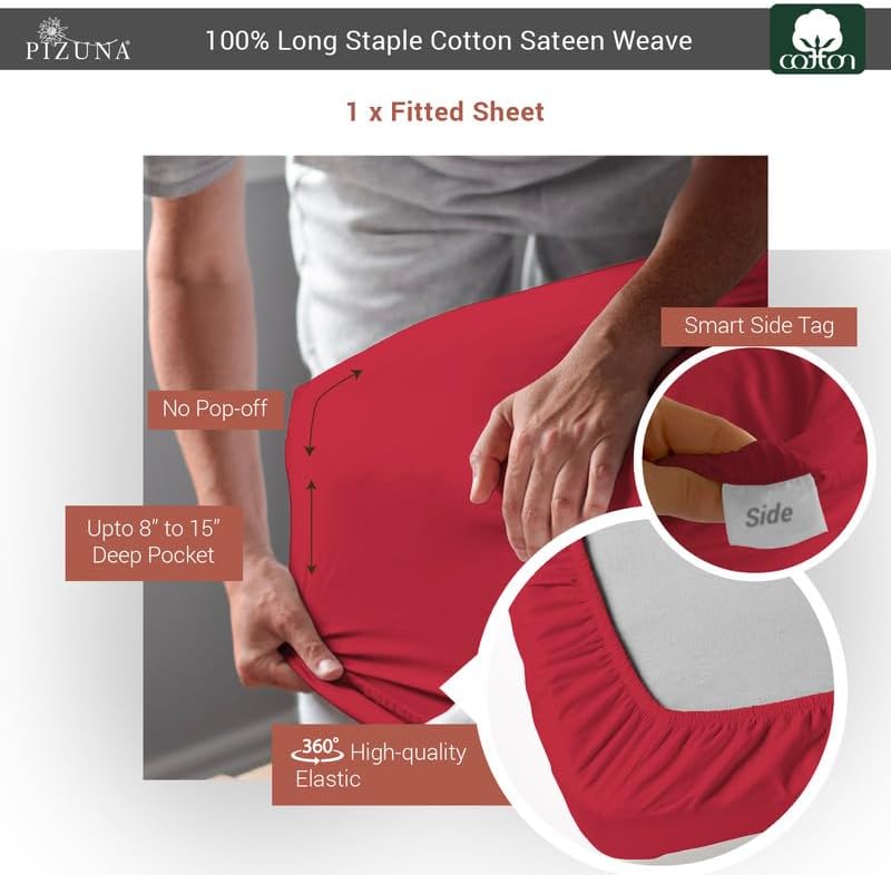 Pizuna Pure 100% Cotton King Fitted Sheet Only, Luxurious 400 Thread Count Long Staple Cotton Sateen Weave 15inch Deep Pocket Fitted Sheet (Combed Red Burgundy King Fitted Sheet Cotton)