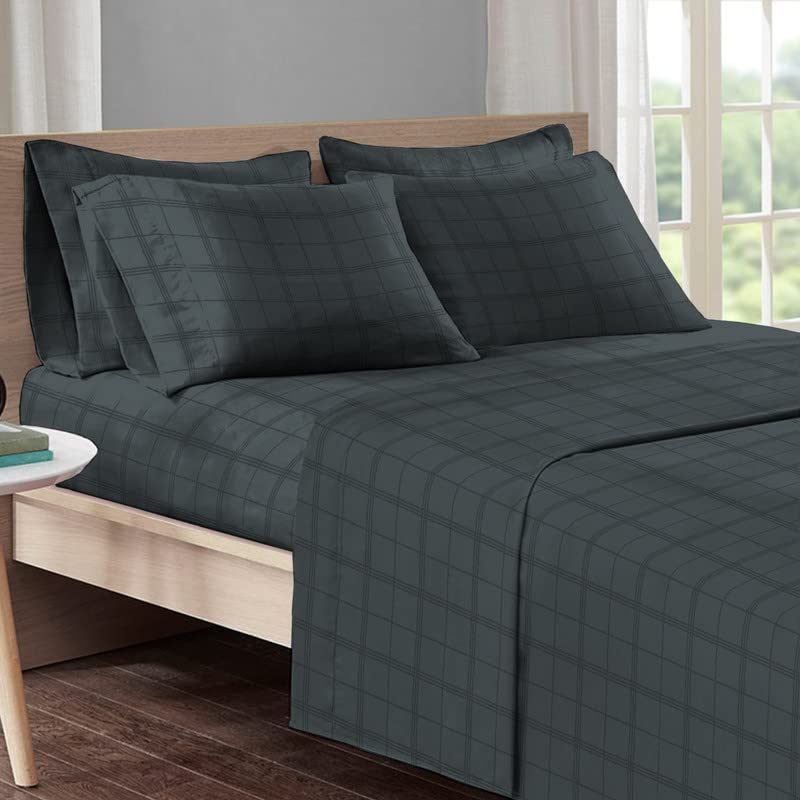 Pizuna Cotton Sheets Twin Size, 300 Thread Count Long Staple Soft Sateen with 15-Inch Deep Pocket (Combed Checks Luxury Red)