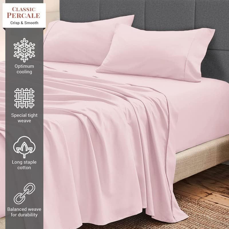 Pizuna Light Pink Cotton Percale Split King Sheets Set, 100% Long Staple Cotton Percale Sheets King Split, Plain Weave Split King Sheet Set Deep Pocket of 15 Inch (Light Pink Sheets Percale)