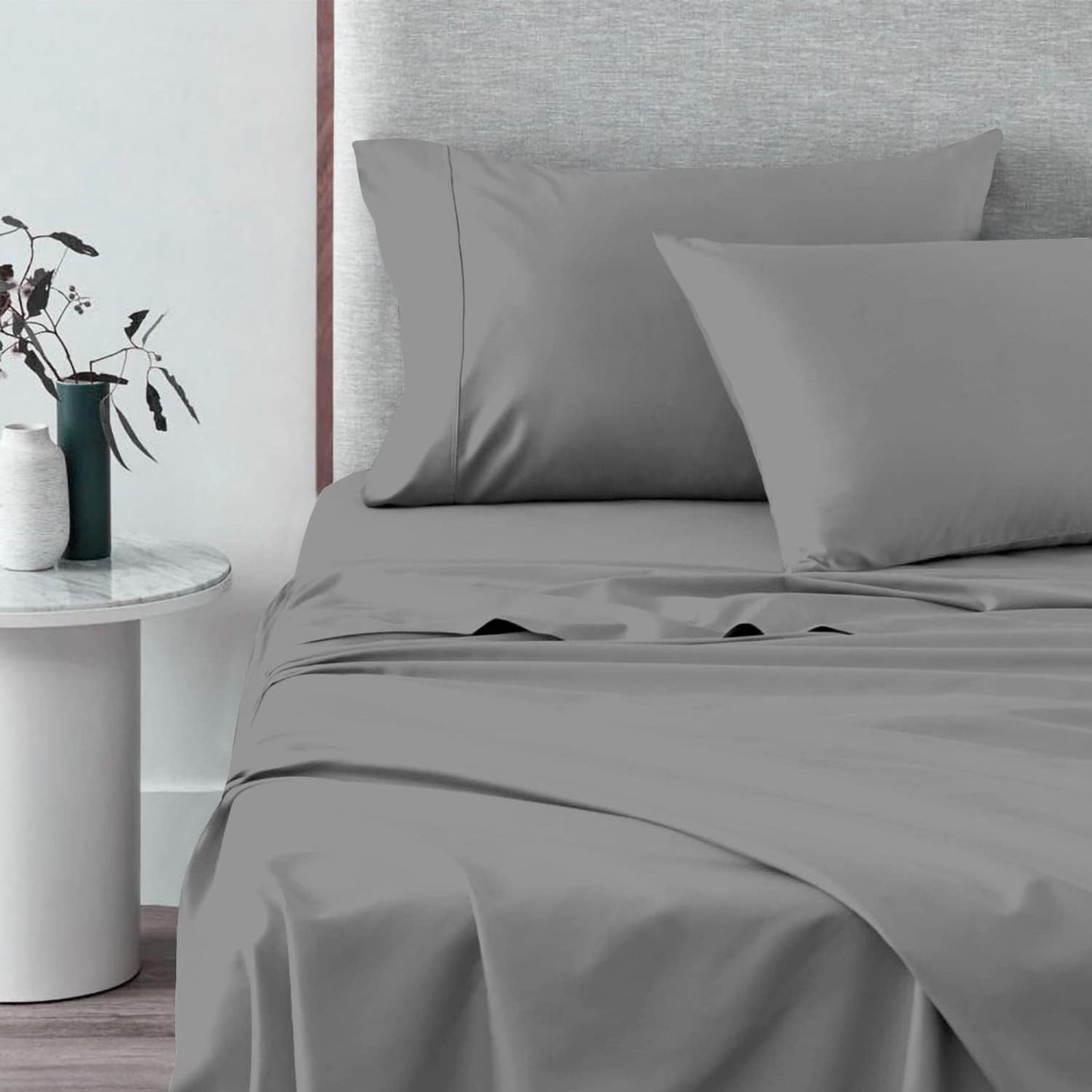 Pizuna Pure 100% Cotton Sheets Split King Size, 600 Thread Count Long Staple Cotton Crisp Sateen Sheets Split King with 15" Deep Pocket (Combed Black Cotton Sheets Split King)