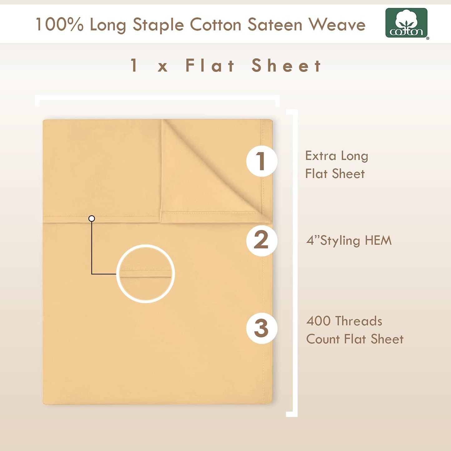 Pizuna 400 Thread Count Cotton Full-Size-Flat-Bed-Sheet Tan 1pc, 100% Long Staple Cotton Full Size Sheets, Soft Sateen Tan-Flat-Sheets with Stylish 4 Inch Hem (Cotton Tan Flat Sheets Full Size)