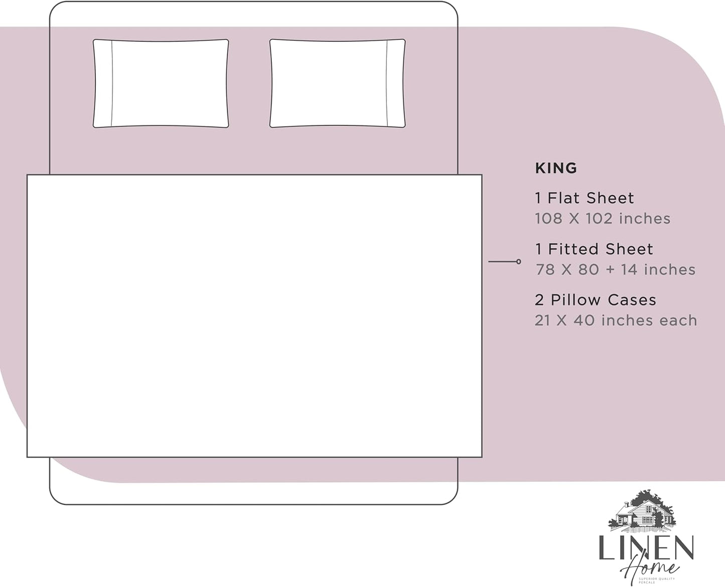 Linen Home 100% Cotton Percale Sheets King Size, Mauve Lavender, Deep Pocket, 4 Pieces Set - 1 Flat, 1 Deep Pocket Fitted Sheet and 2 Pillowcases, Crisp Cool and Strong Bed Linen