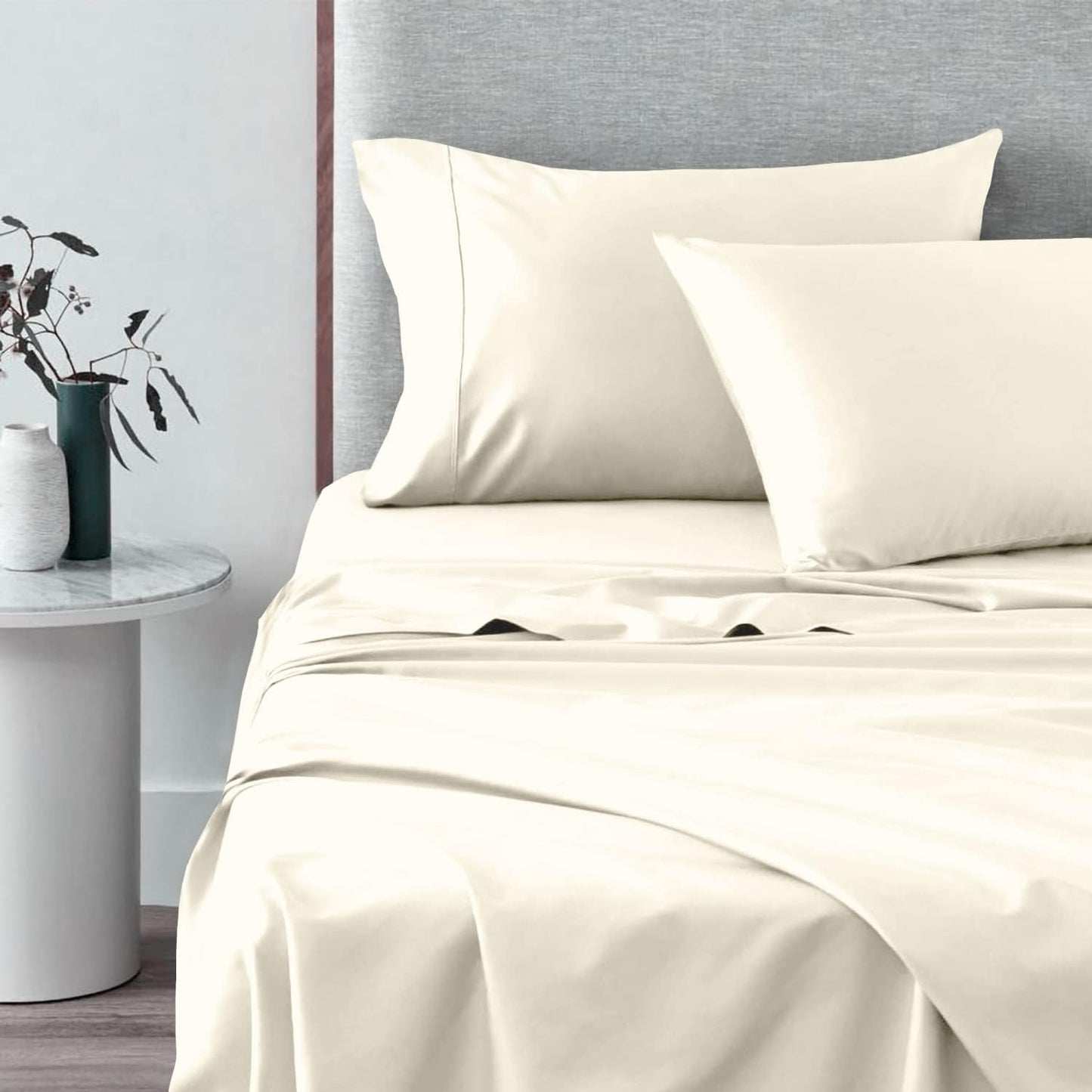 Pizuna Pure 100% Cotton Sheets Split King Size, 600 Thread Count Long Staple Cotton Crisp Sateen Sheets Split King with 15" Deep Pocket (Combed Black Cotton Sheets Split King)