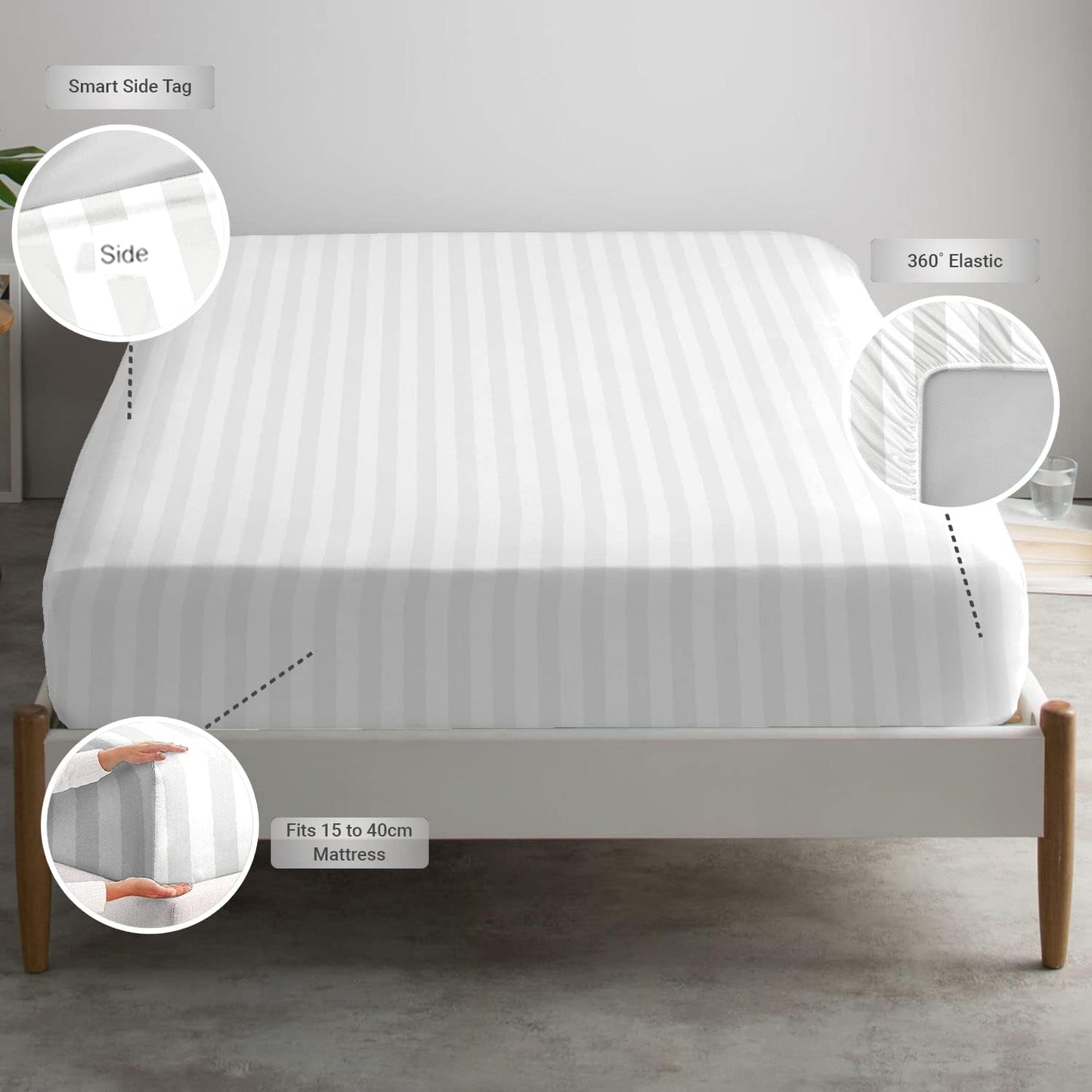 Pizuna 100% Cotton White Dobby Striped Fitted Sheet King Size 1 Pc, 300 Thread Count Long Staple Cotton Damask White Striped King Size Fitted Sheets 1 Pc Only 15 Inch Deep Pocket (Fitted Sheet White)