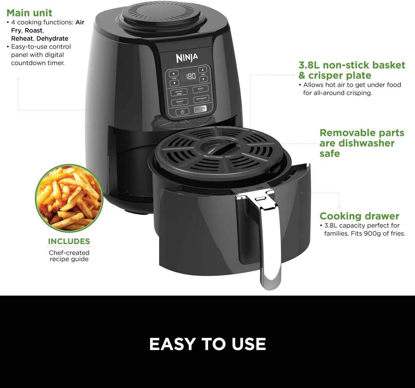 Ninja Air Fryer Af100, Roast, Reheat, Dehydrate, 3.8 L, 1550 Watts, Grey And Black"Min 1 year manufacturer warranty"