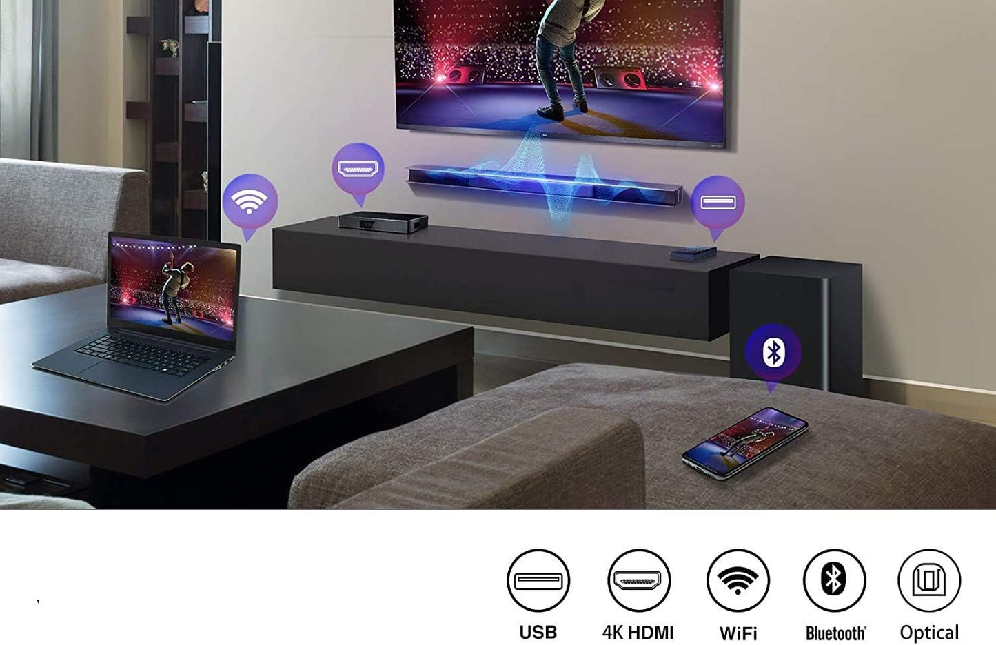 TCL 2.1 Channel Home Theater Soundbar with Wireless Subwoofer 160W Audio Power Multi Color LED Display Bluetooth HDMI Optical Cable Connectivity Remote Control Clear & Loud Sound TS3010
