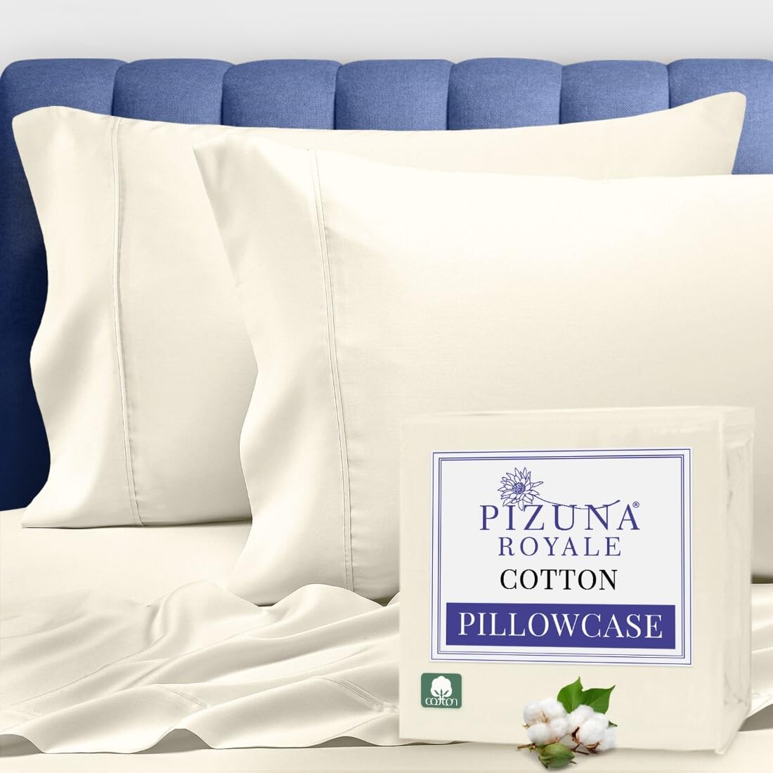 Pizuna 100% Luxury Cotton King Size Pillow Case Dark Blue, 1000 Thread Count 100% Long Staple Cotton Sateen Pillowcase, Pillow Covers with Stylish 4" Hem (Combed Cotton King Pillowcase Set of 2)