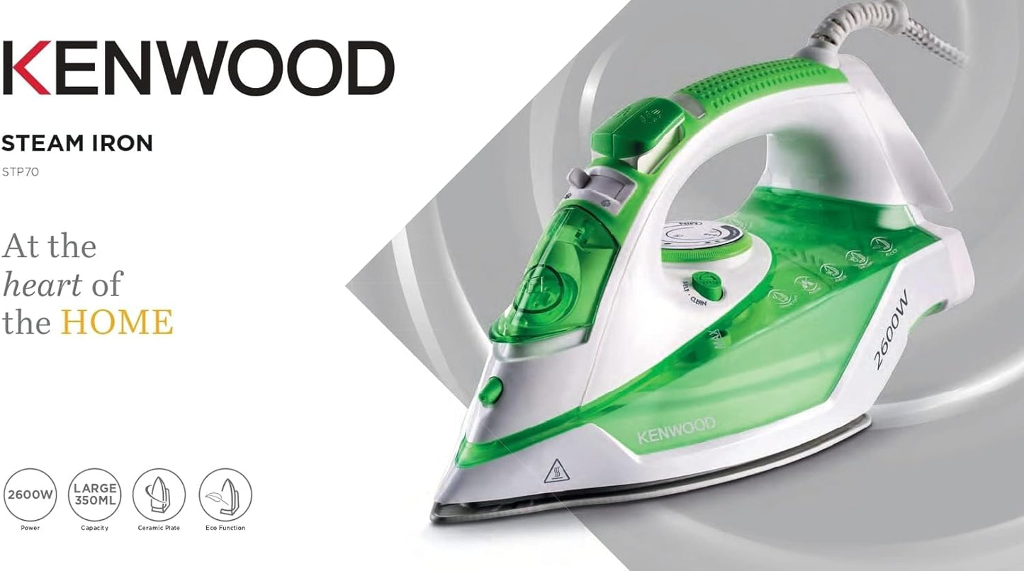 KENWOOD Steam Iron 2600W with Ceramic Soleplate, Anti-Drip, Anti-Calc, Self Clean, Continuous Steam, Burst, Spray Function STP70.000WG White/Green