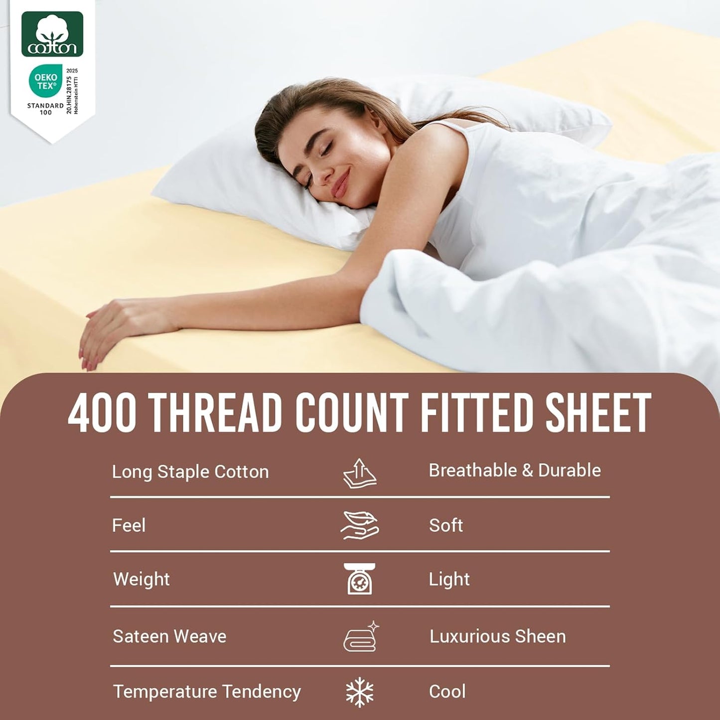 Pizuna Cotton Twin Fitted Sheet Cream, 400 Thread Count 100% Long Staple Combed Cotton Sateen Weave 15 inch Deep Pocket Twin Sheets (Cream Twin Size Fitted Sheet -1PC)