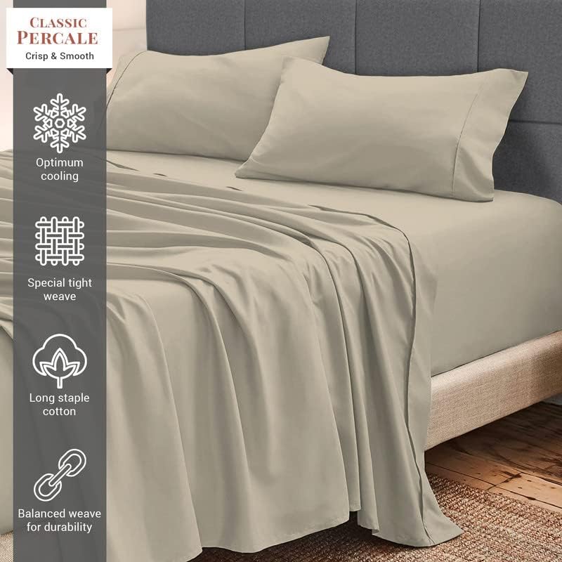 Pizuna Cotton Sheets Twin XL Size, 100% Long Staple Cotton Percale Sheets Twin XL with 15inch Deep Pocket (Combed Simply Taupe Cotton Sheets Twin XL)