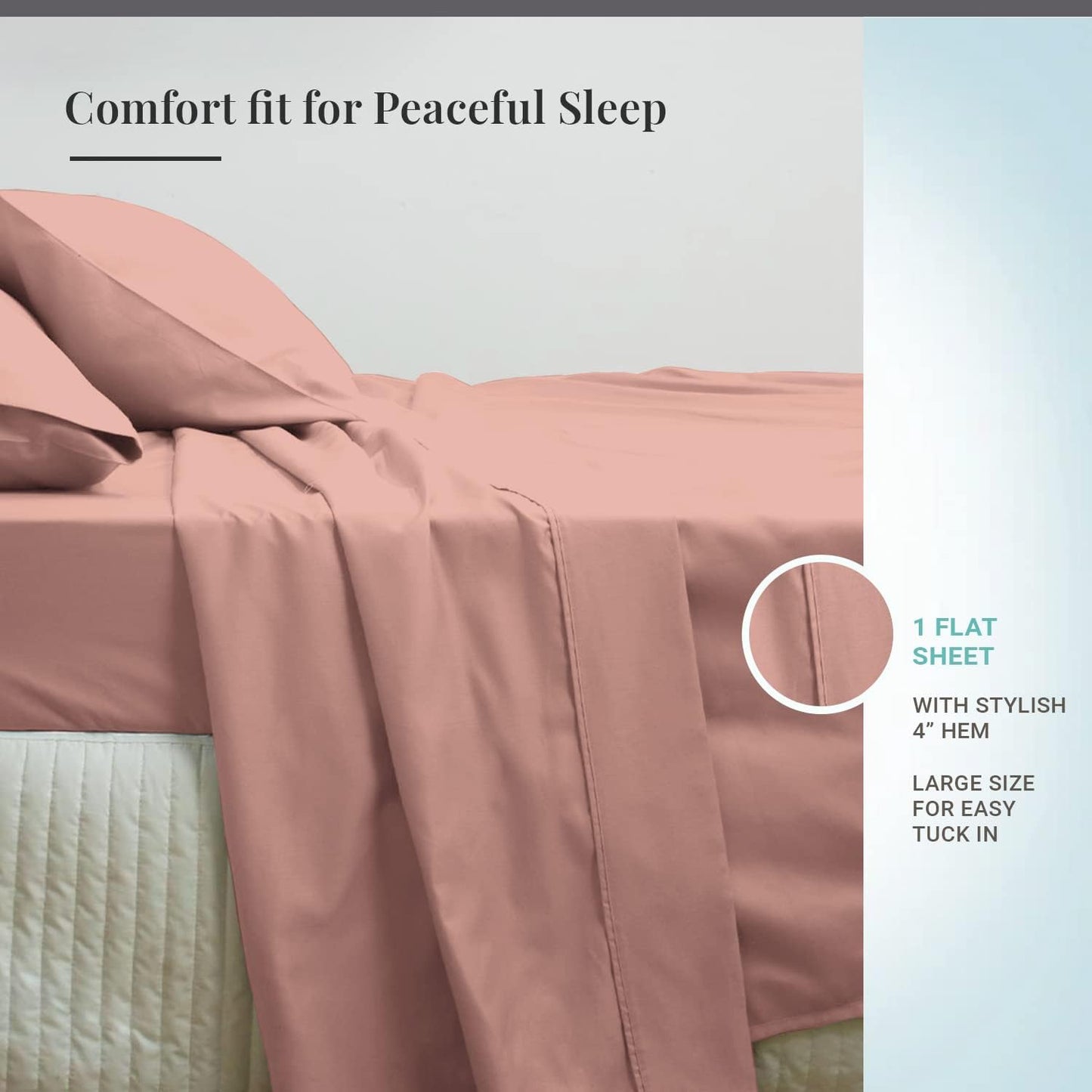 Pizuna Soft 600 Thread Count Cotton Full Flat Sheets Rose 1pc, 100% Long Staple Pure Cotton, Smooth Sateen Flat Sheet Bed fit Upto 16 inch Deep Pockets (100% Cotton Deep Flat Sheets Full)
