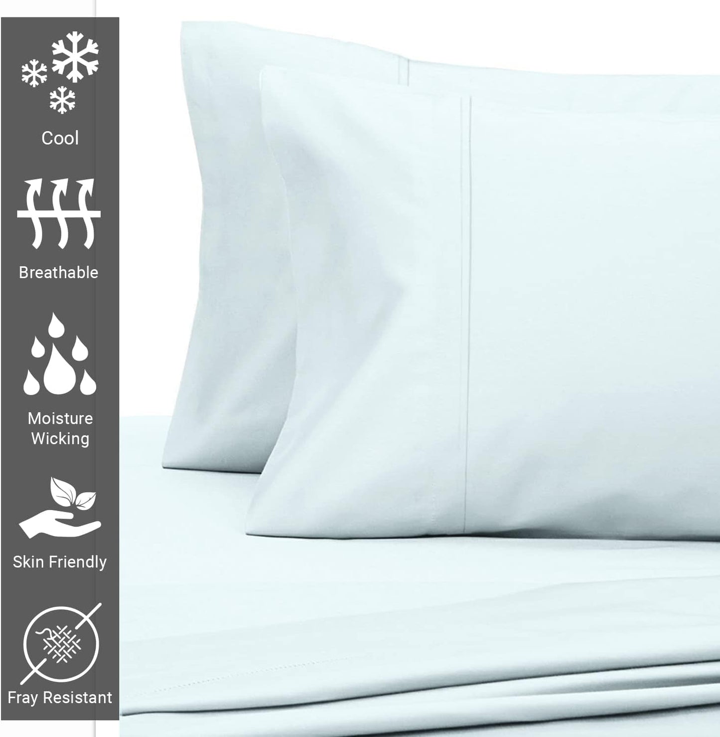 Pizuna 400 Thread Count Cotton King Pillowcases, Light Blue, 100% Long Staple Cotton Sateen Weave, Set of 2 Pillow Covers