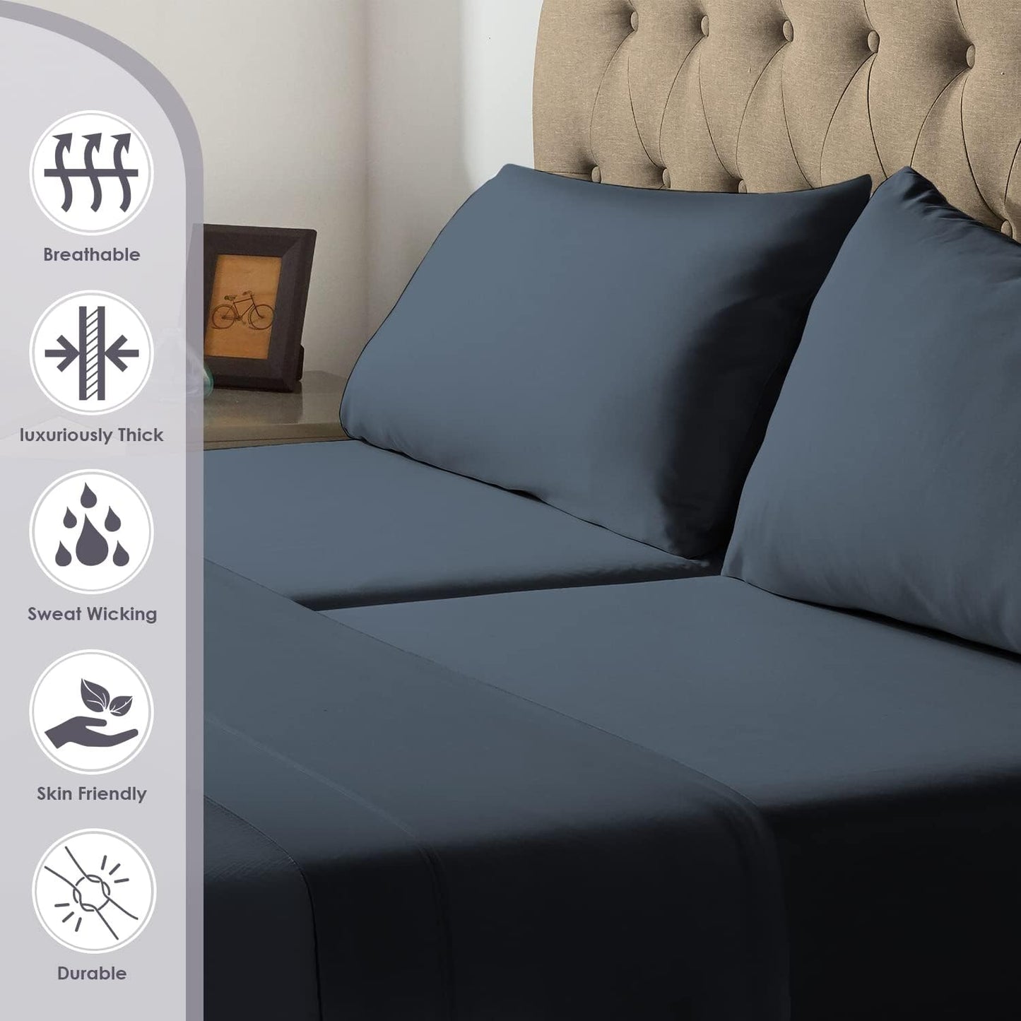 Pizuna 800 Thread Count Cotton Split King Sheets Set for Adjustable Bed Dark Blue, 100% Long Staple Cotton Smooth Sateen Bed Sheets fit Upto 15 inch Deep Pockets (Blue 5 pc Split King Cotton Sheets)