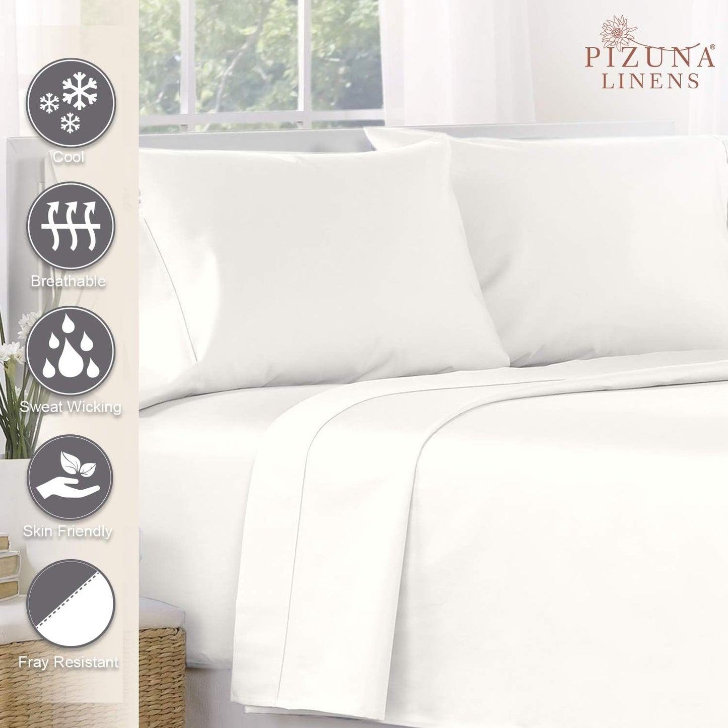 Pizuna 400 Thread Count 100% Long Staple Cotton Sateen Weave Bed Linen (Sheet Sets, Duvet Cover Sets, Pillow Cases) Flat Sheet - Queen (1PC)