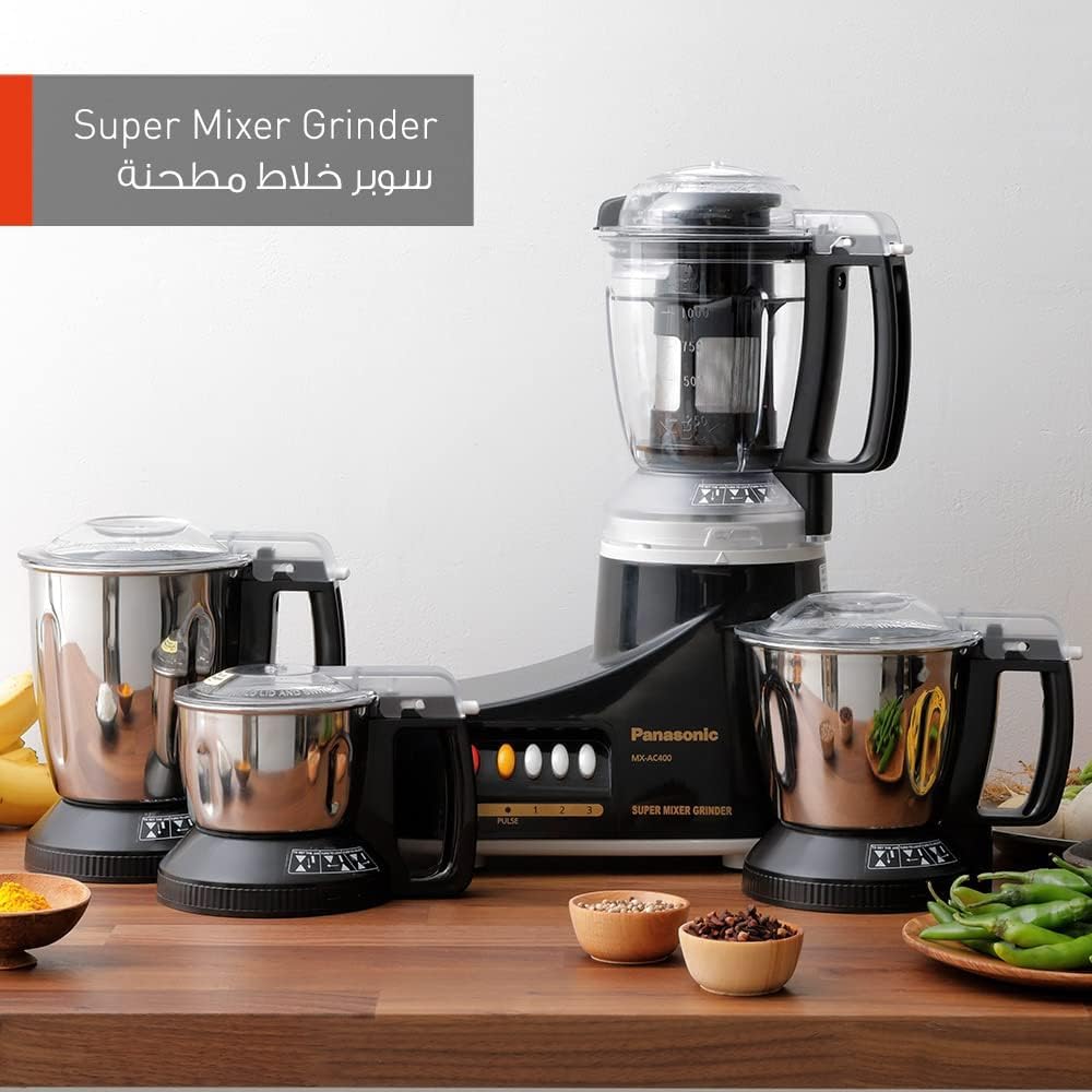 Panasonic Super Mixer Grinder, 1000W, Mx-Ac400, Black, 3 Stainless Steel Jars, 1 Juicer Jar