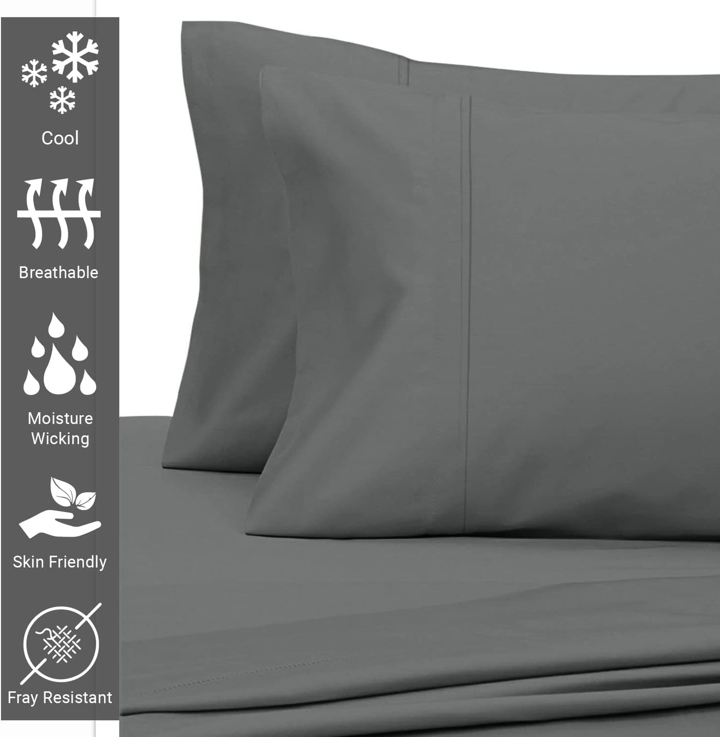 Pizuna Cotton King Size Pillow Case Dark Grey, 400 Thread Count 100% Long Staple Combed Cotton Sateen Pillowcase, Cooling Pillow Covers with Stylish 4 Inch Hem (Dark Grey King Pillowcase Set of 2)