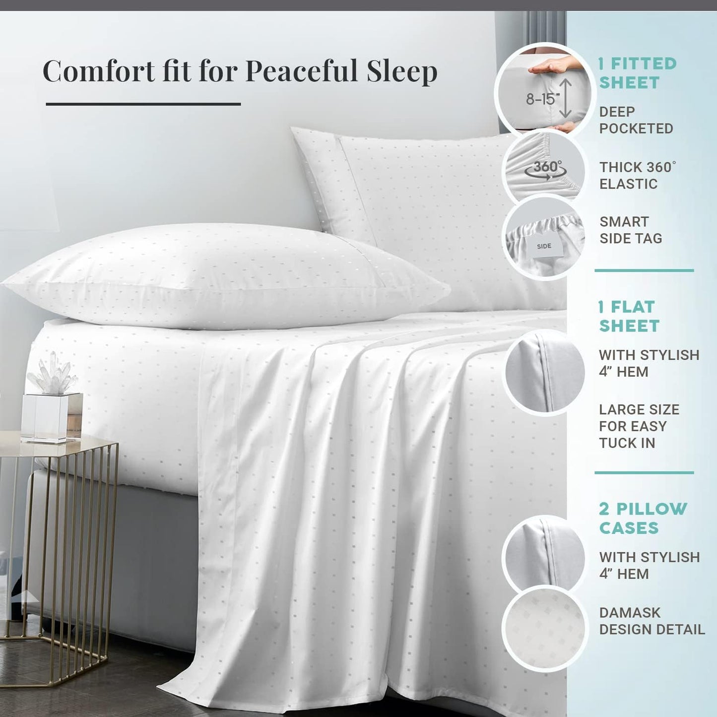 Pizuna 600 Thread Count Dobby-Dots-Design Full Size Sheet-Set White, 100% Long Staple Cotton Smooth Breathable Luxurious Bedding Set (100% Cotton Bed Sheets Full Size Set)