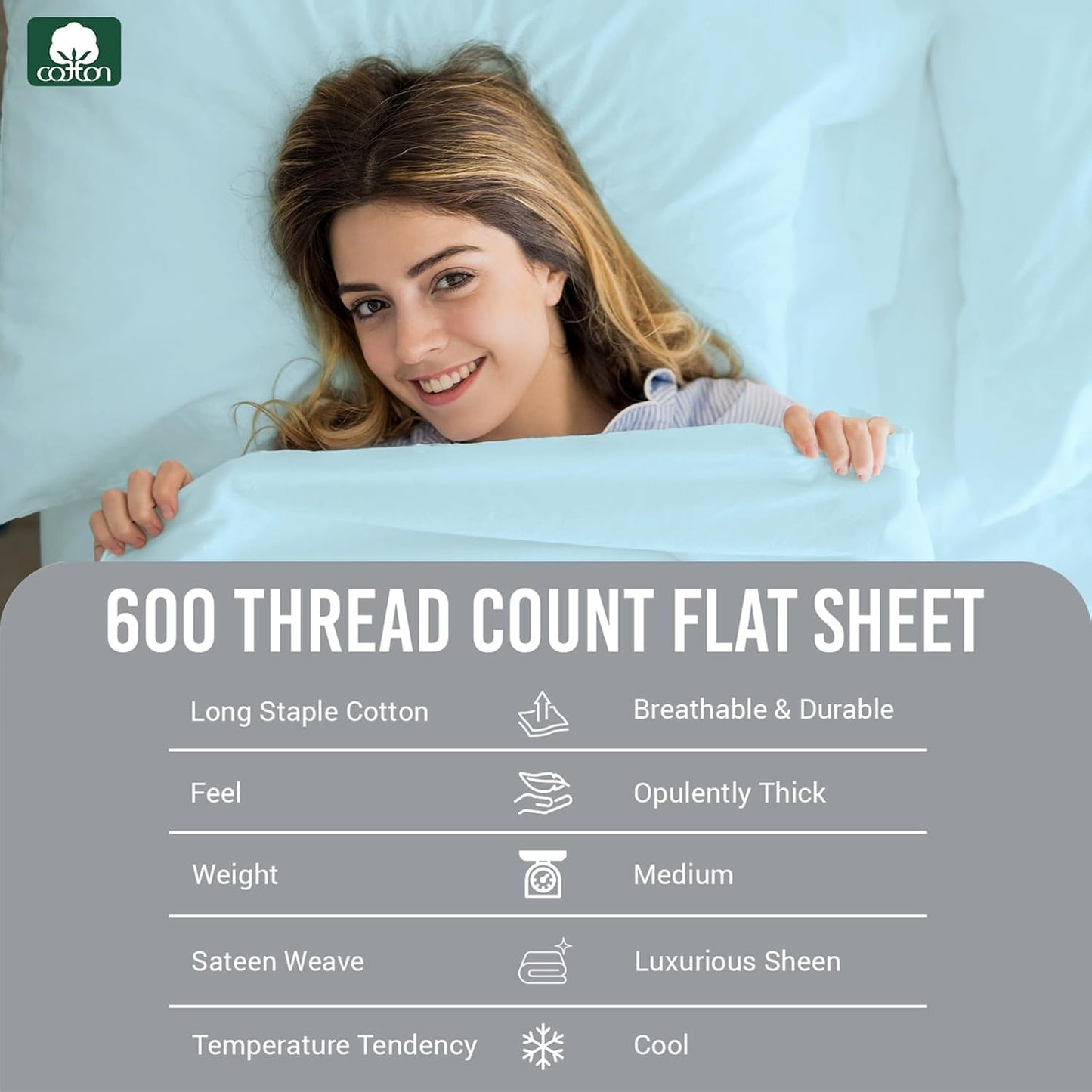Pizuna Pure 100% Cotton Flat Sheets Only Full Silver (1 PC), 600 Thread Count Long Staple Cotton Crisp Sateen Weave with 4" Hem (Combed Full Flat Sheet Only Cotton)