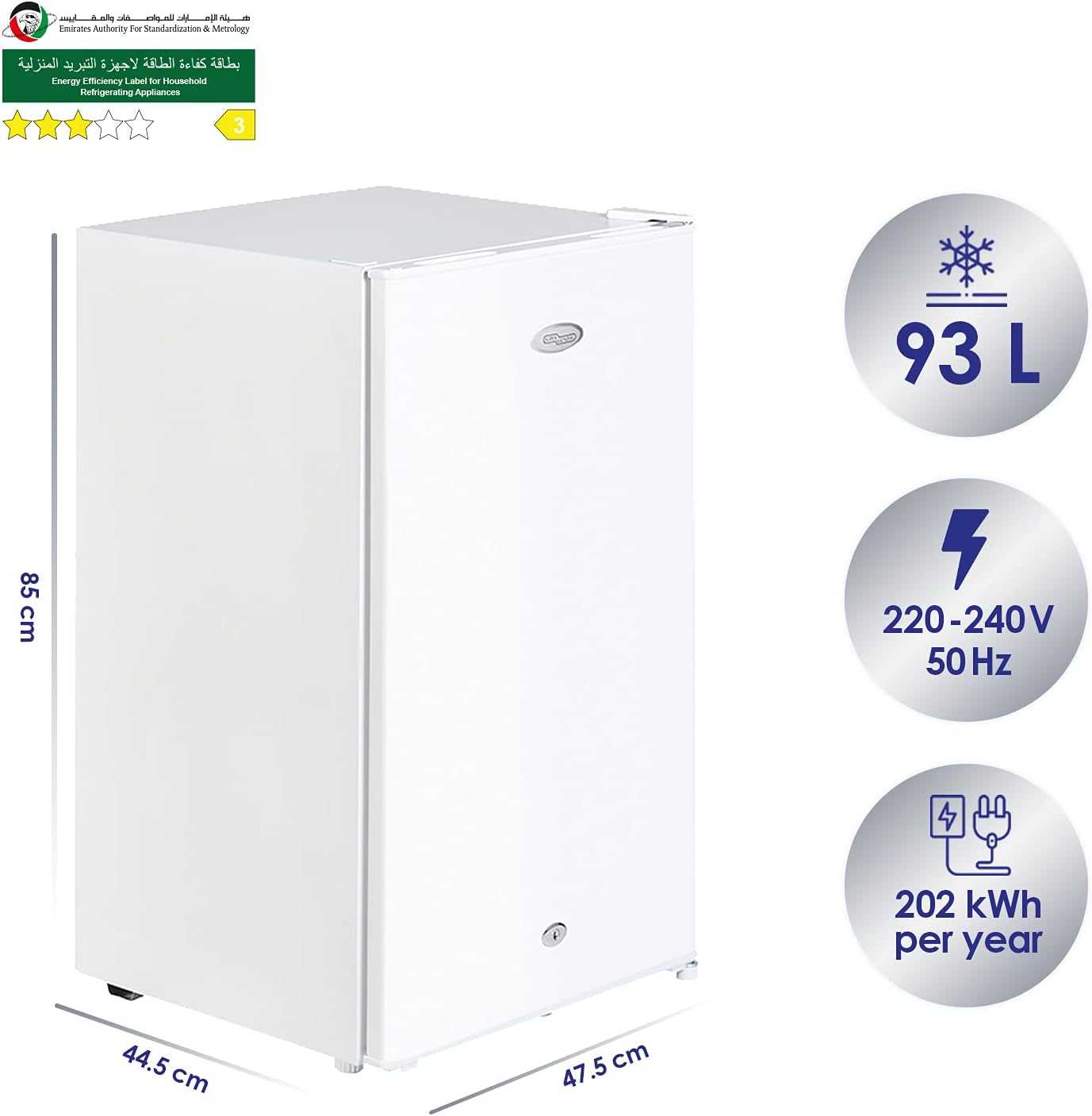 Super General 110 Liter Gross Volume Compact Mini-Refrigerator SGR-131-H, White, Beverage-Fridge with Child Lock, Shelf, Freezer-Box, reversible door, 47.5 x 44.5 x 85 cm