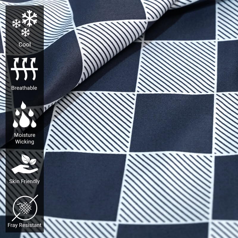 Pizuna Cotton Navy Smart Plaid Print Sheets for Short Queen Size Bed, 400 Thread Count 100% Long Staple Cotton Sateen Sheets, 15 Inch Deep Pocket Short Queen Sheets Set (Printed Cotton Bed Sheets)