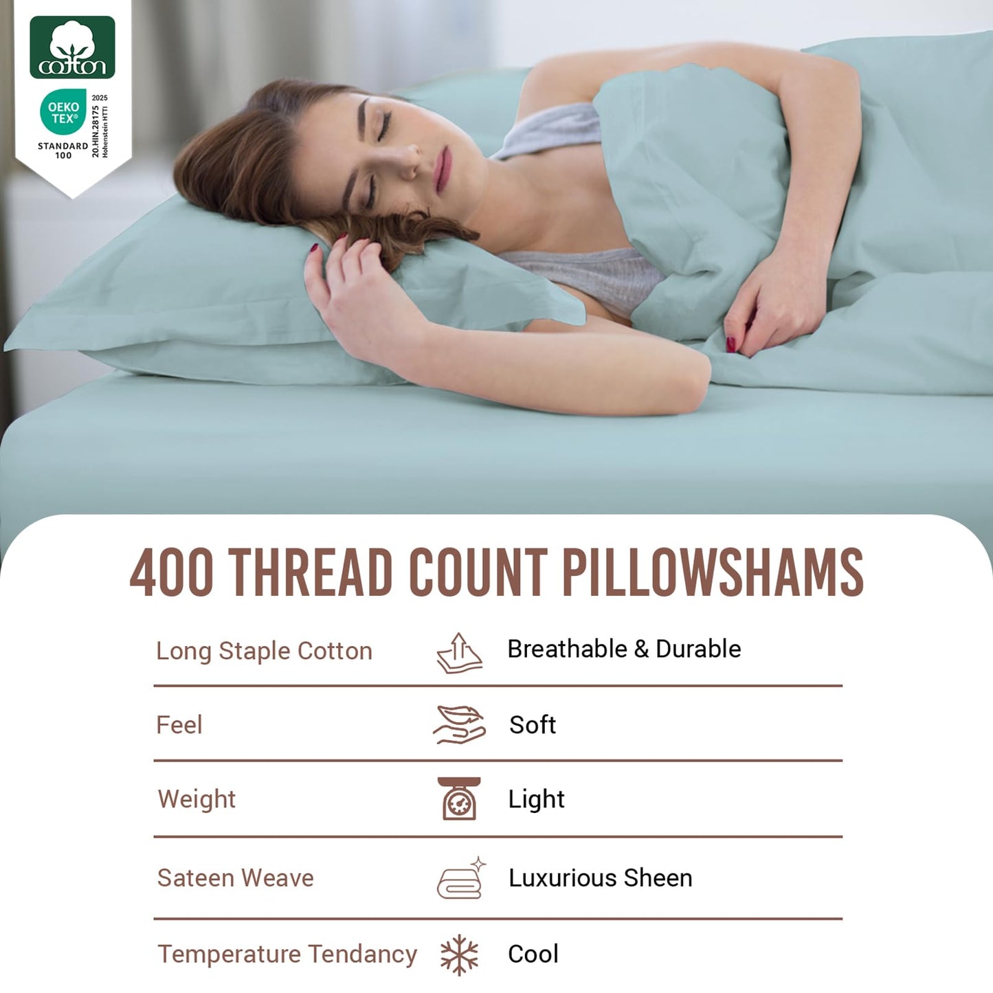 Pizuna Pure 100% Cotton Pillow Shams King Size Set of 2 Baby Blue, Luxurious 400 Thread Count Long Staple Cotton Sateen with Envelope Closure (Combed Baby Blue Cotton Pillow Shams King)