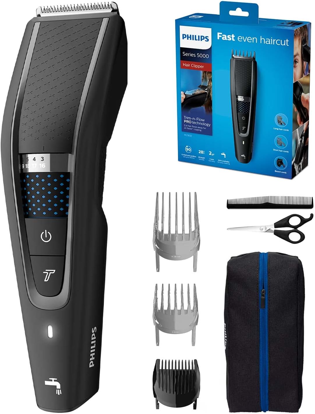 Philips Hc5630/13, Series 5000 Washable Hair Clipper, Grey/Black