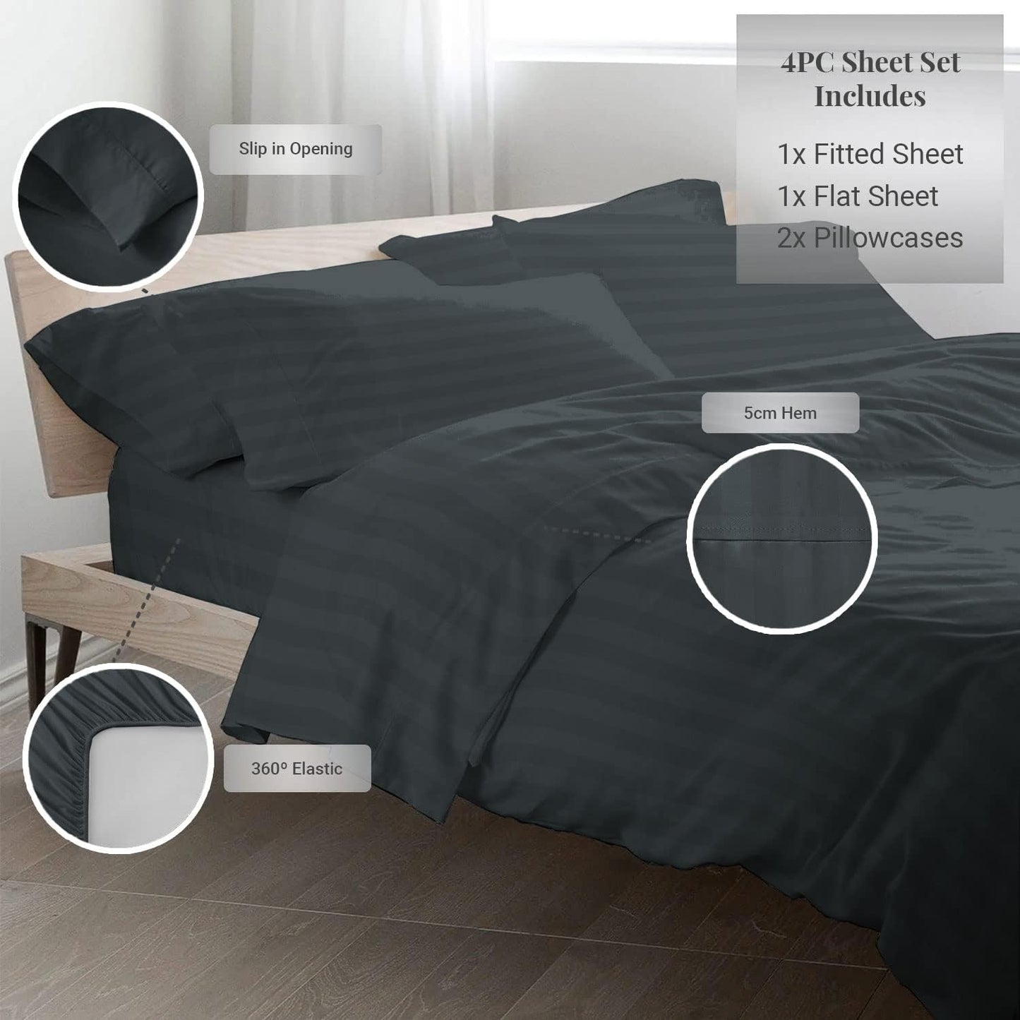 100% Cotton Dobby Striped King Sheets Set Anthracite Grey, 300 Thread Count Long Staple Damask King Size Sheets, Combed Cotton Sateen Sheets for King Size Bed 15 Inch Deep Pocket (Grey Damask Sheet)