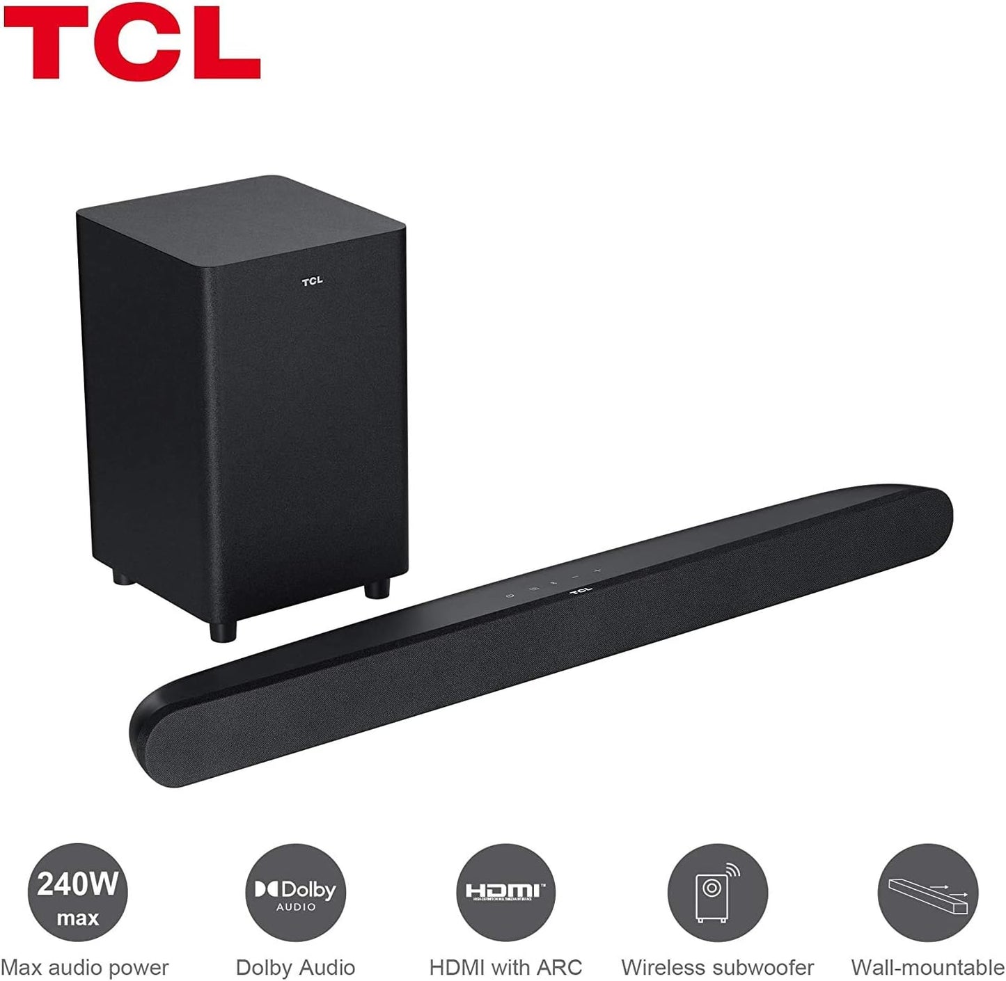 TCL 2.1 Channel Home Theater Soundbar with Wireless Subwoofer 160W Audio Power Multi Color LED Display Bluetooth HDMI Optical Cable Connectivity Remote Control Clear & Loud Sound TS3010