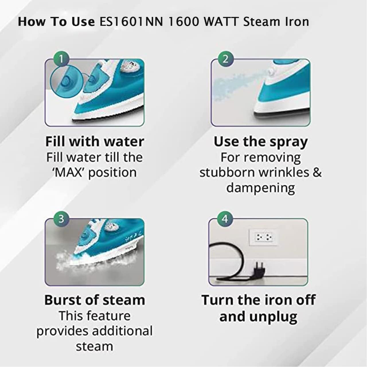 KHIND Steam Iron 1600W - Advanced Temperature Control, Easier Wrinkle Removal, Vertical Steaming, Self-Cleaning, Made in Malaysia, 2-Year Warranty, Non Stick Soleplate. White & Blue - ES1601NN