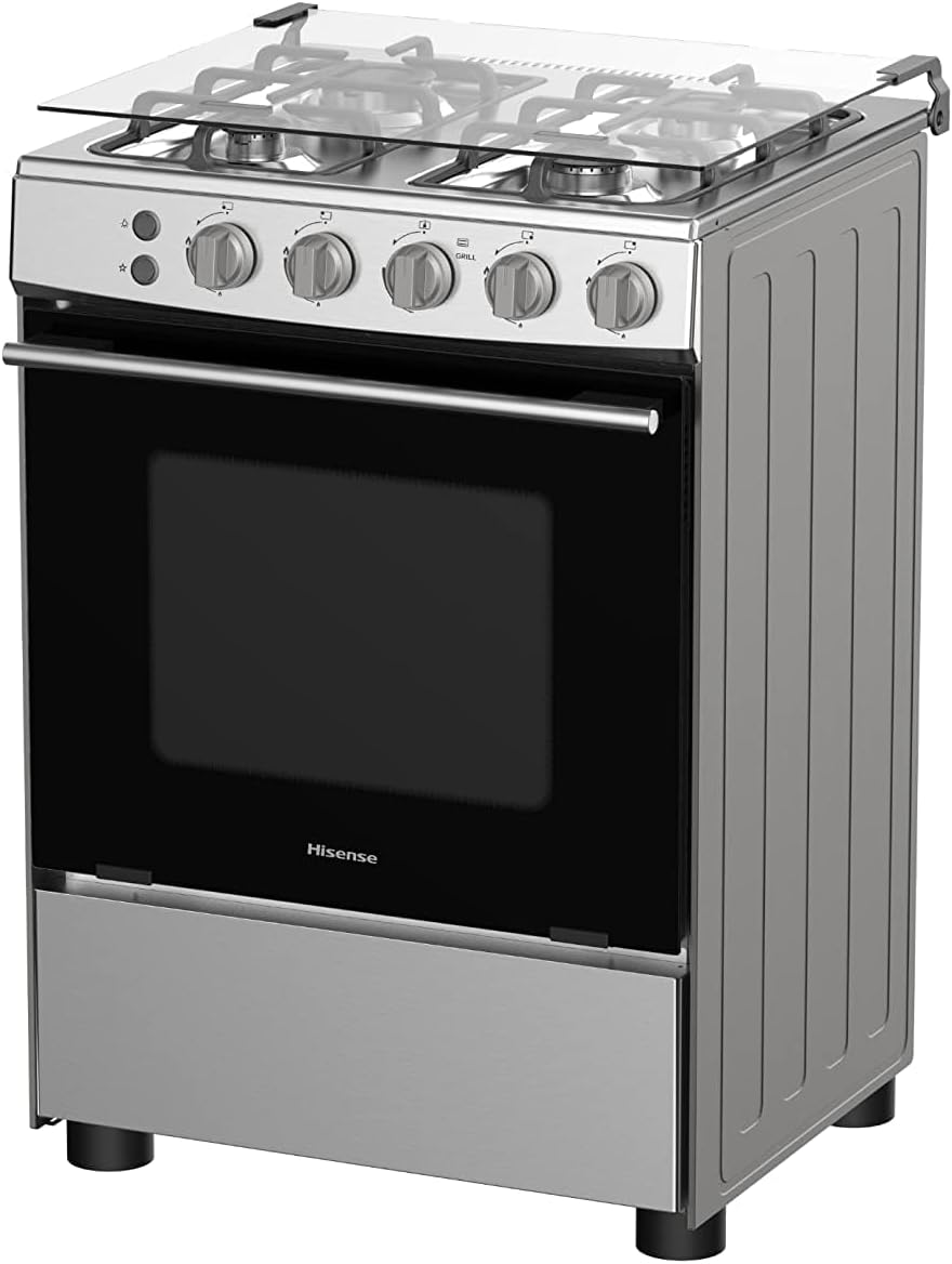 Hisense Freestanding 60cm Gas cooker with 4 Burners with FFD Autoignition,Cast Iron Pan Support,Wok Burner,Glass Lid,Oven cap,Gas Grill