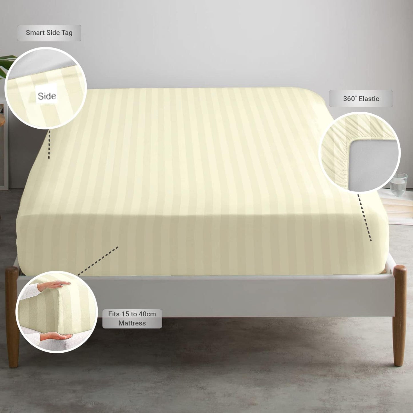 Pizuna Cream Dobby Striped Cotton Full Size Fitted Sheet 1 Pc, 300 Thread Count Long Staple 100% Cotton Damask Full Size Fitted Sheet Only of 15 Inch Deep Pocket (Cream Striped Full Size Sheets 1 Pc)