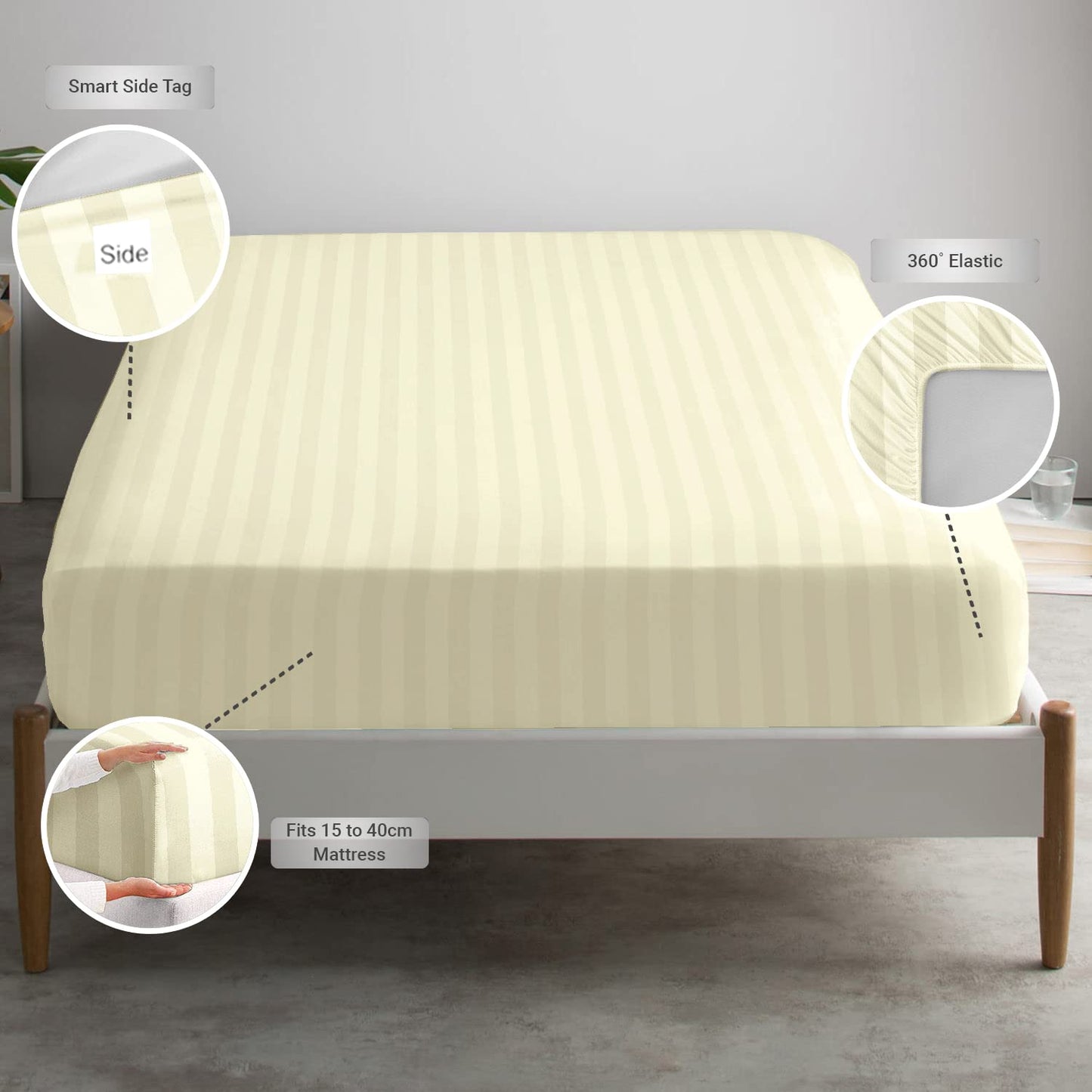 Pizuna 100% Cotton Full Fitted Sheet Only, 300 Thread Count Long Staple Cotton Soft Sateen Weave15inch Deep Pocket Fitted Sheet (Combed Stripe Luxury Cream Full Fitted Sheet Cotton)