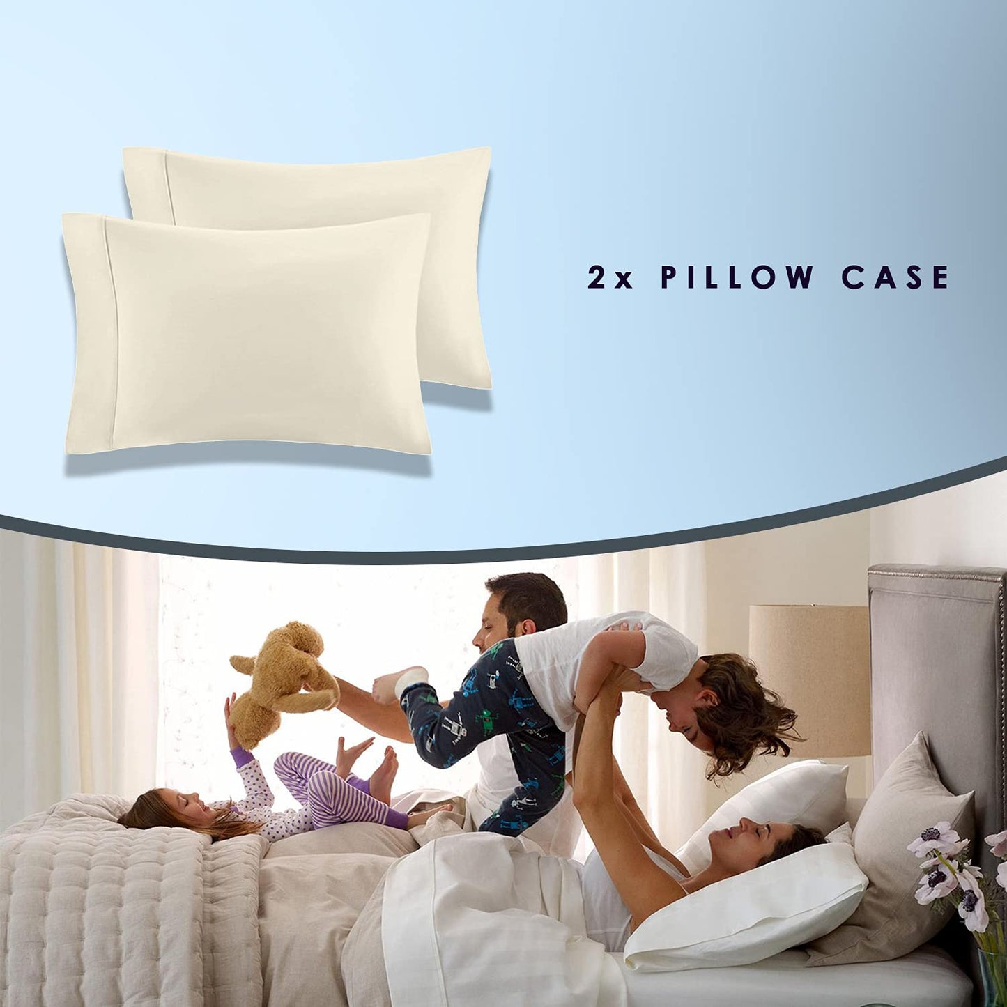 Pizuna Pure 100% Cotton Pillow Cases King Size Set of 2 Baby Blue, 800 Thread Count Long Staple Cotton Thick Sateen with Stylish 4inch Hem (Combed Baby Blue Cotton Pillow Cases King)
