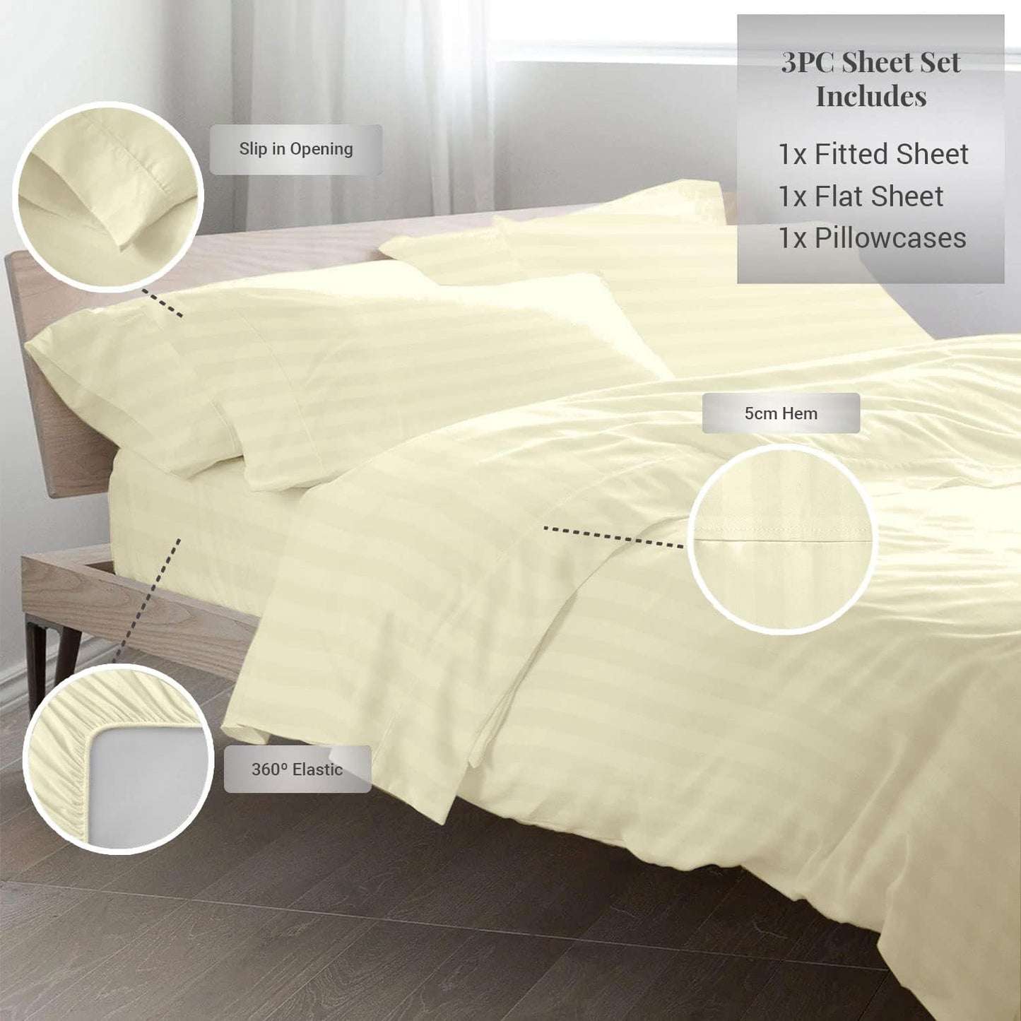 Pizuna Dobby Striped Twin Cotton Sheets Set Cream, 300 Thread Count Long Staple Twin Damask Sheets, Combed Cotton Sateen Sheets, 15 Inch Deep Pocket Twin Sheets Set (Cream Striped 100% Cotton Sheets)