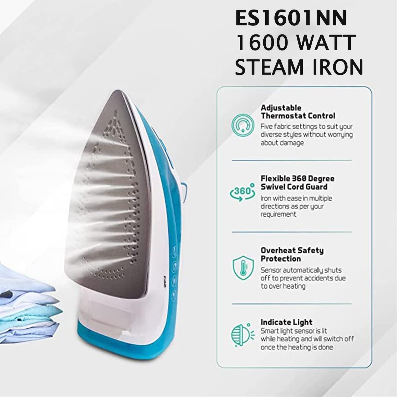 KHIND Steam Iron 1600W - Advanced Temperature Control, Easier Wrinkle Removal, Vertical Steaming, Self-Cleaning, Made in Malaysia, 2-Year Warranty, Non Stick Soleplate. White & Blue - ES1601NN