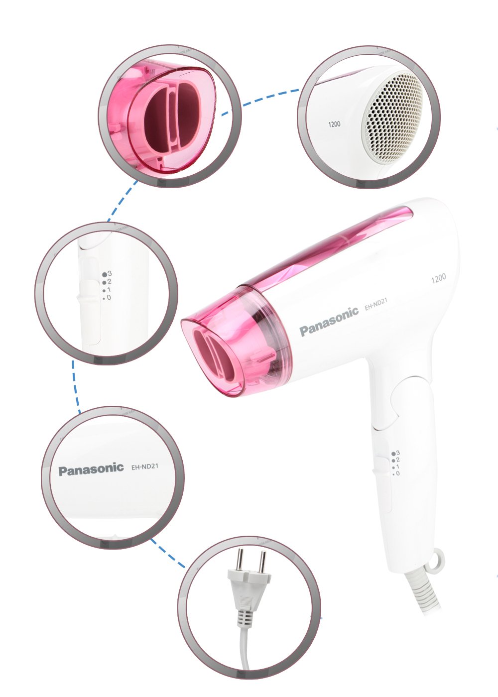 Panasonic EH-ND21-P62B 1200 Watts Foldable Hair Dryer with Cool Air and Quick Dry Nozzle-White